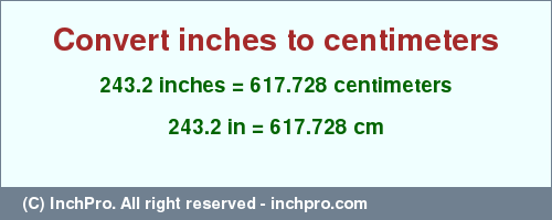 Result converting 243.2 inches to cm = 617.728 centimeters