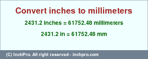 Result converting 2431.2 inches to mm = 61752.48 millimeters