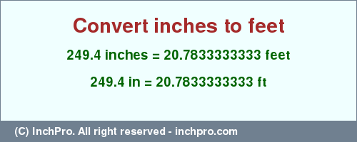 Result converting 249.4 inches to ft = 20.7833333333 feet