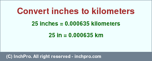 Result converting 25 inches to km = 0.000635 kilometers