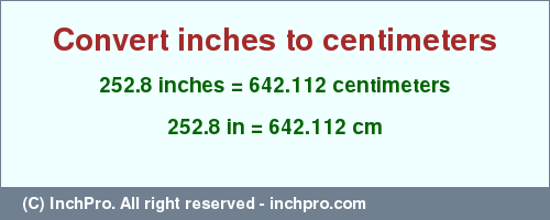 Result converting 252.8 inches to cm = 642.112 centimeters