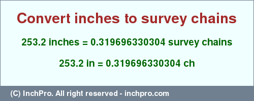 Result converting 253.2 inches to ch = 0.319696330304 survey chains