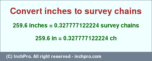 Result converting 259.6 inches to ch = 0.327777122224 survey chains