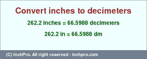 Result converting 262.2 inches to dm = 66.5988 decimeters