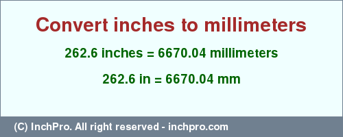 Result converting 262.6 inches to mm = 6670.04 millimeters