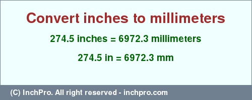 Result converting 274.5 inches to mm = 6972.3 millimeters