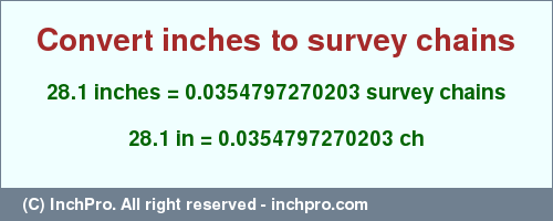 Result converting 28.1 inches to ch = 0.0354797270203 survey chains