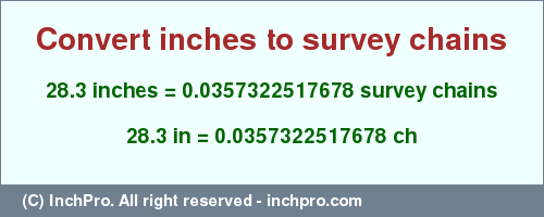 Result converting 28.3 inches to ch = 0.0357322517678 survey chains