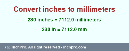 Result converting 280 inches to mm = 7112.0 millimeters
