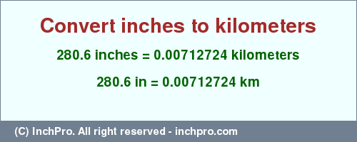 Result converting 280.6 inches to km = 0.00712724 kilometers