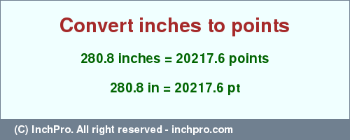 Result converting 280.8 inches to pt = 20217.6 points