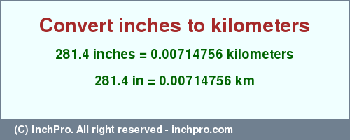 Result converting 281.4 inches to km = 0.00714756 kilometers