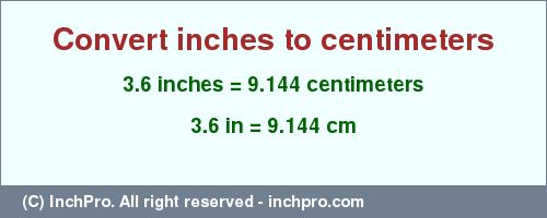 Result converting 3.6 inches to cm = 9.144 centimeters