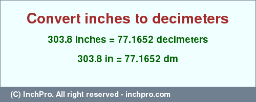 Result converting 303.8 inches to dm = 77.1652 decimeters