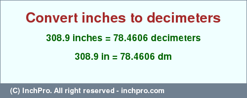 Result converting 308.9 inches to dm = 78.4606 decimeters