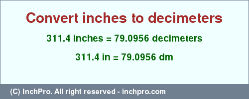 Result converting 311.4 inches to dm = 79.0956 decimeters