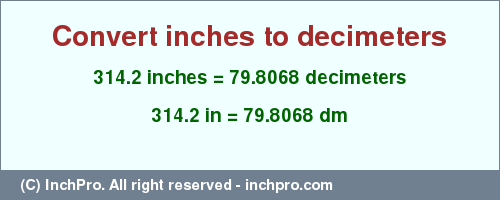 Result converting 314.2 inches to dm = 79.8068 decimeters