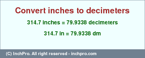 Result converting 314.7 inches to dm = 79.9338 decimeters