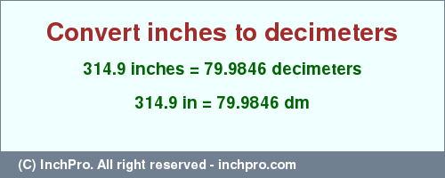 Result converting 314.9 inches to dm = 79.9846 decimeters