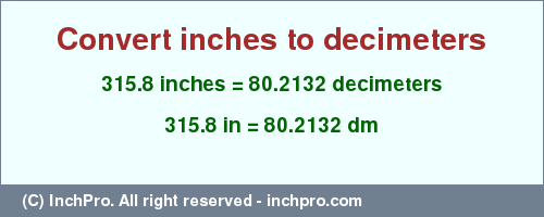 Result converting 315.8 inches to dm = 80.2132 decimeters