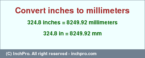 Result converting 324.8 inches to mm = 8249.92 millimeters
