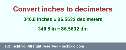 Result converting 340.8 inches to dm = 86.5632 decimeters