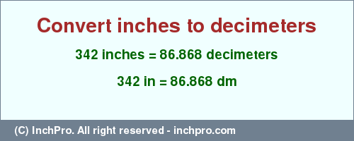Result converting 342 inches to dm = 86.868 decimeters