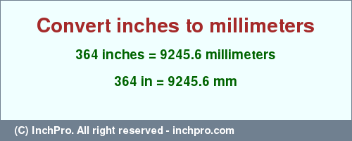 Result converting 364 inches to mm = 9245.6 millimeters