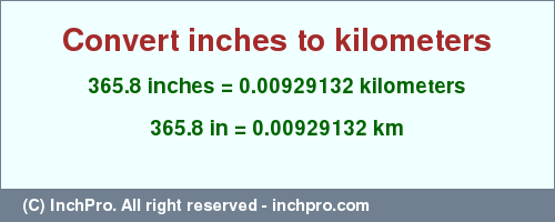 Result converting 365.8 inches to km = 0.00929132 kilometers