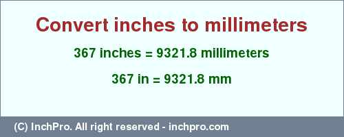 Result converting 367 inches to mm = 9321.8 millimeters