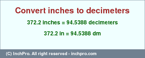 Result converting 372.2 inches to dm = 94.5388 decimeters