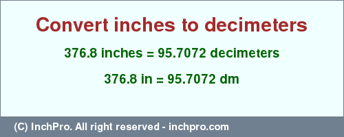 Result converting 376.8 inches to dm = 95.7072 decimeters