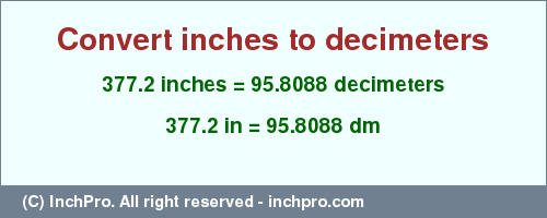 Result converting 377.2 inches to dm = 95.8088 decimeters