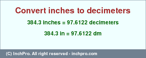 Result converting 384.3 inches to dm = 97.6122 decimeters