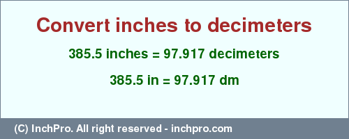 Result converting 385.5 inches to dm = 97.917 decimeters