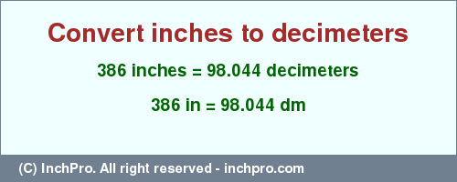 Result converting 386 inches to dm = 98.044 decimeters