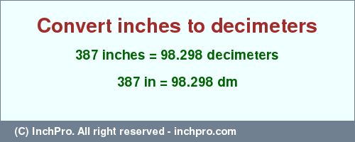 Result converting 387 inches to dm = 98.298 decimeters
