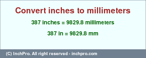 Result converting 387 inches to mm = 9829.8 millimeters