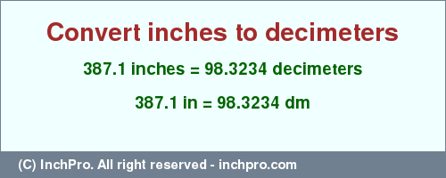 Result converting 387.1 inches to dm = 98.3234 decimeters