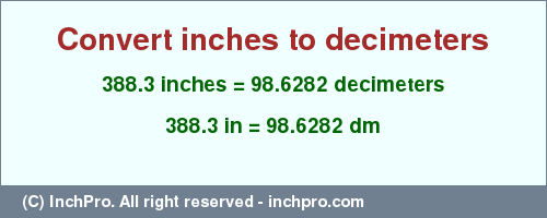 Result converting 388.3 inches to dm = 98.6282 decimeters