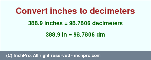 Result converting 388.9 inches to dm = 98.7806 decimeters