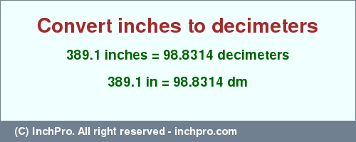 Result converting 389.1 inches to dm = 98.8314 decimeters