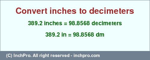 Result converting 389.2 inches to dm = 98.8568 decimeters