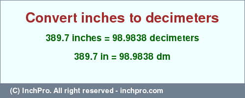 Result converting 389.7 inches to dm = 98.9838 decimeters