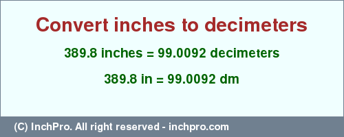 Result converting 389.8 inches to dm = 99.0092 decimeters