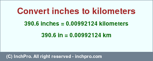 Result converting 390.6 inches to km = 0.00992124 kilometers