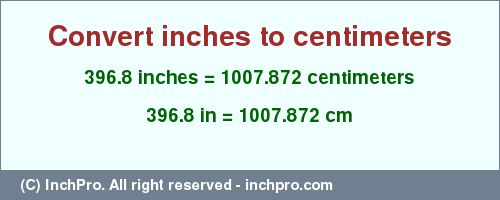 Result converting 396.8 inches to cm = 1007.872 centimeters