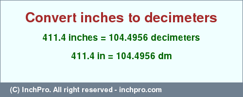 Result converting 411.4 inches to dm = 104.4956 decimeters