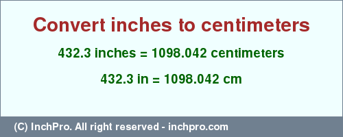 Result converting 432.3 inches to cm = 1098.042 centimeters