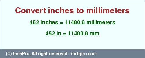 Result converting 452 inches to mm = 11480.8 millimeters
